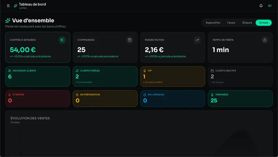 Vue d'ensemble : CA, commandes, panier moyen et clients