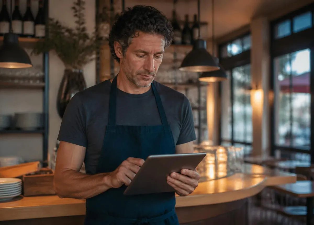 Restaurateur consultant ses commandes derrière son comptoir